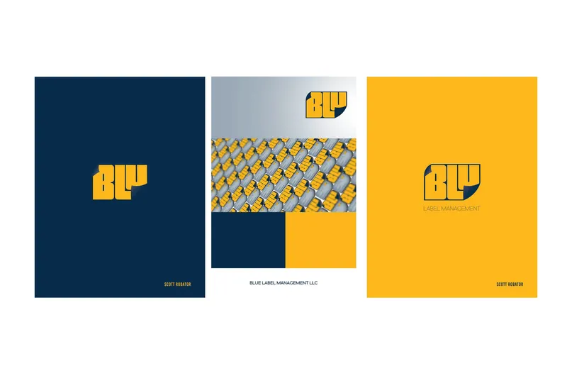 BLU Label Management brand identity — navy and gold logo system