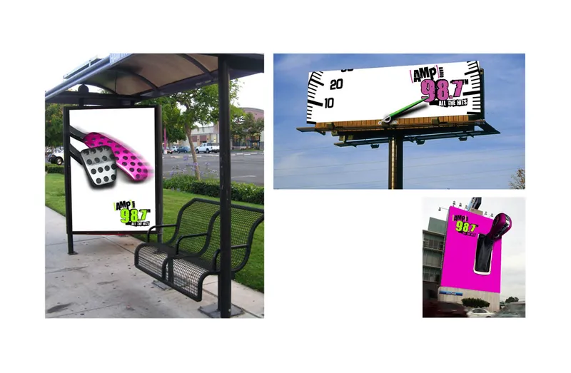 AMP 98.7 radio out-of-home advertising — bus shelter and billboard