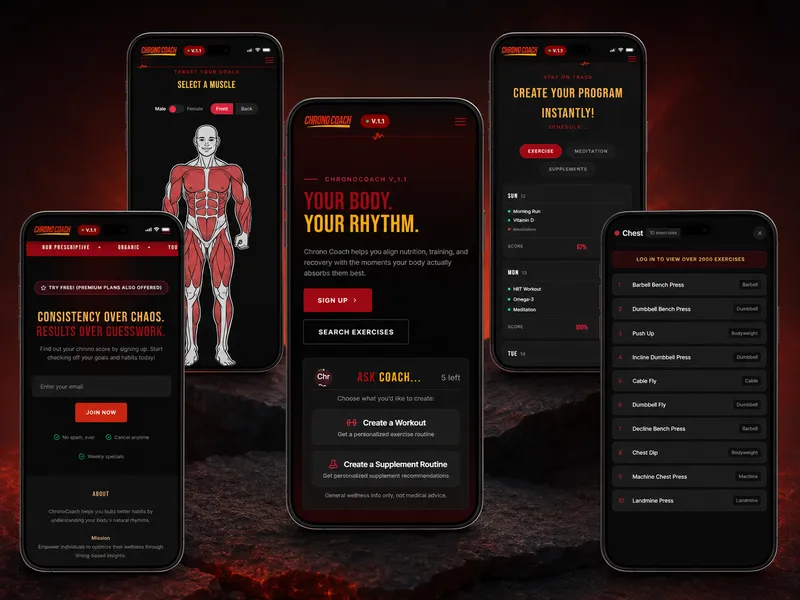 Coach Chrono fitness app — overview of all screens